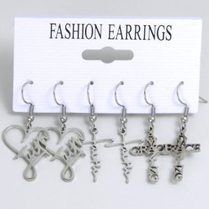 3pairs Stainless Steel Christian Faith Inspired Heart & Love & Faith Letter & Cross Pendant Earrings