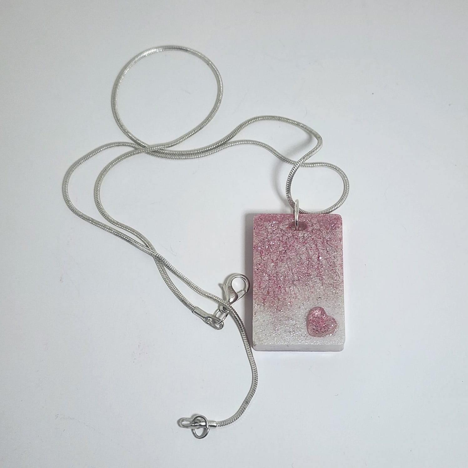 Rectangular Pink and White Resin Heart Necklace