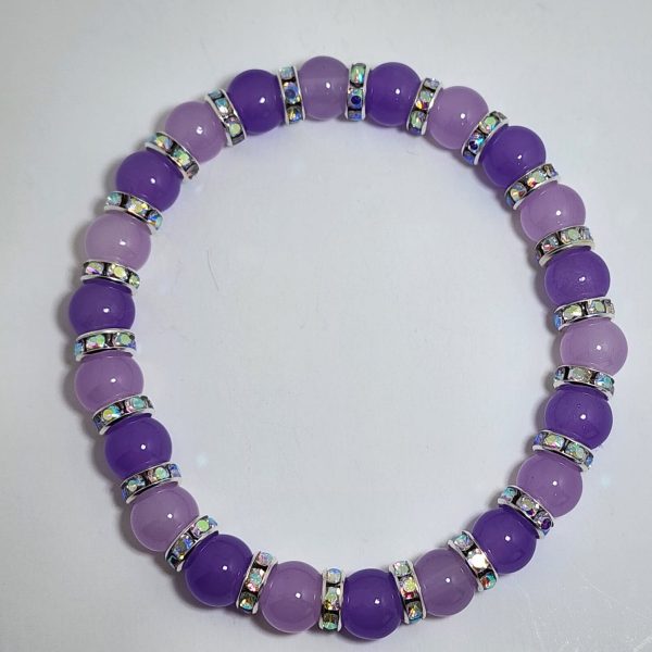 Purple Beaded Stretch Bracelet with Iridescent Rhinestone