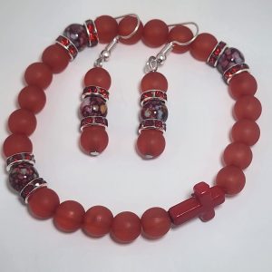 Cross Bracelet with Earrings - Red