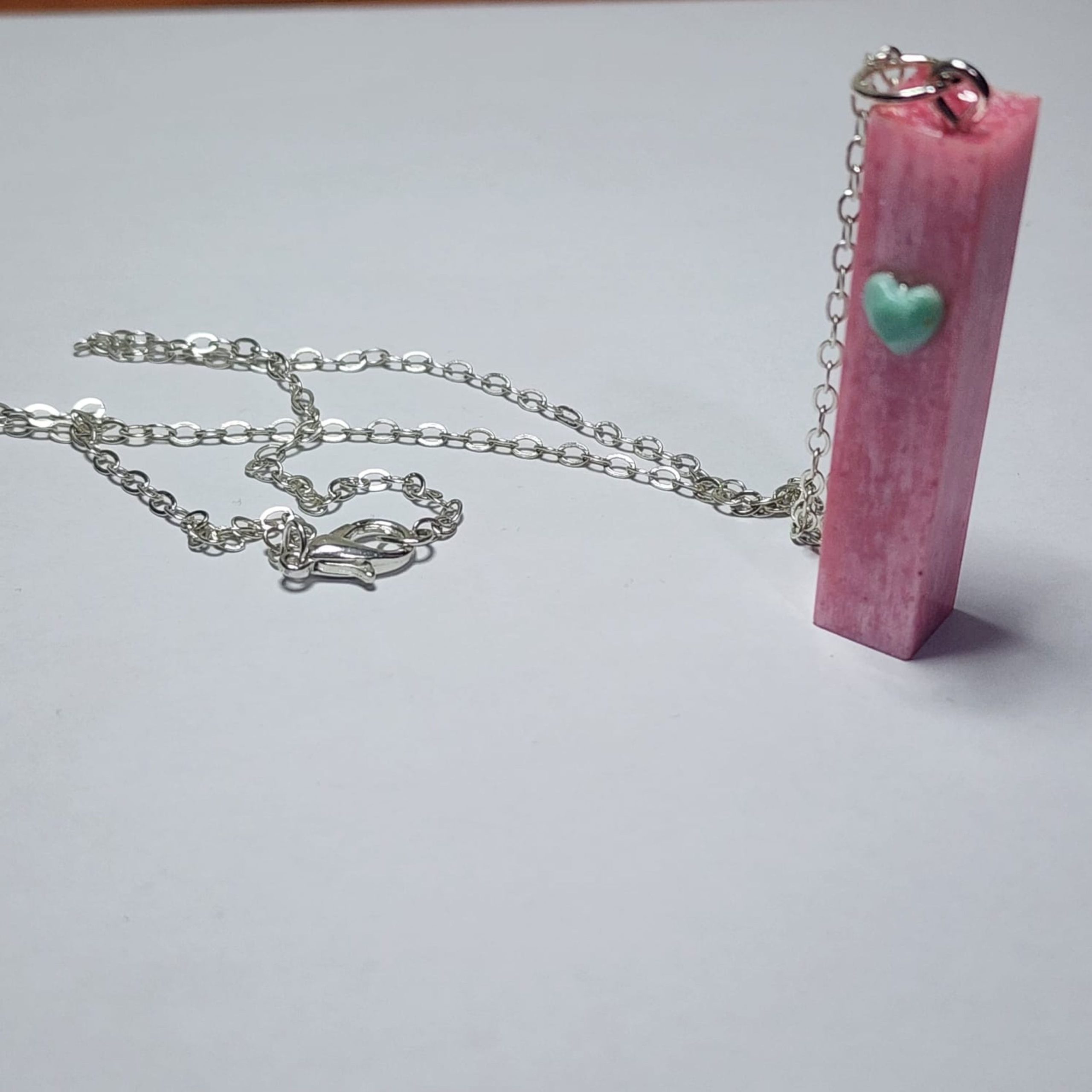Pink Resin Heart Pendant Necklace with Silver Chain - Image 2