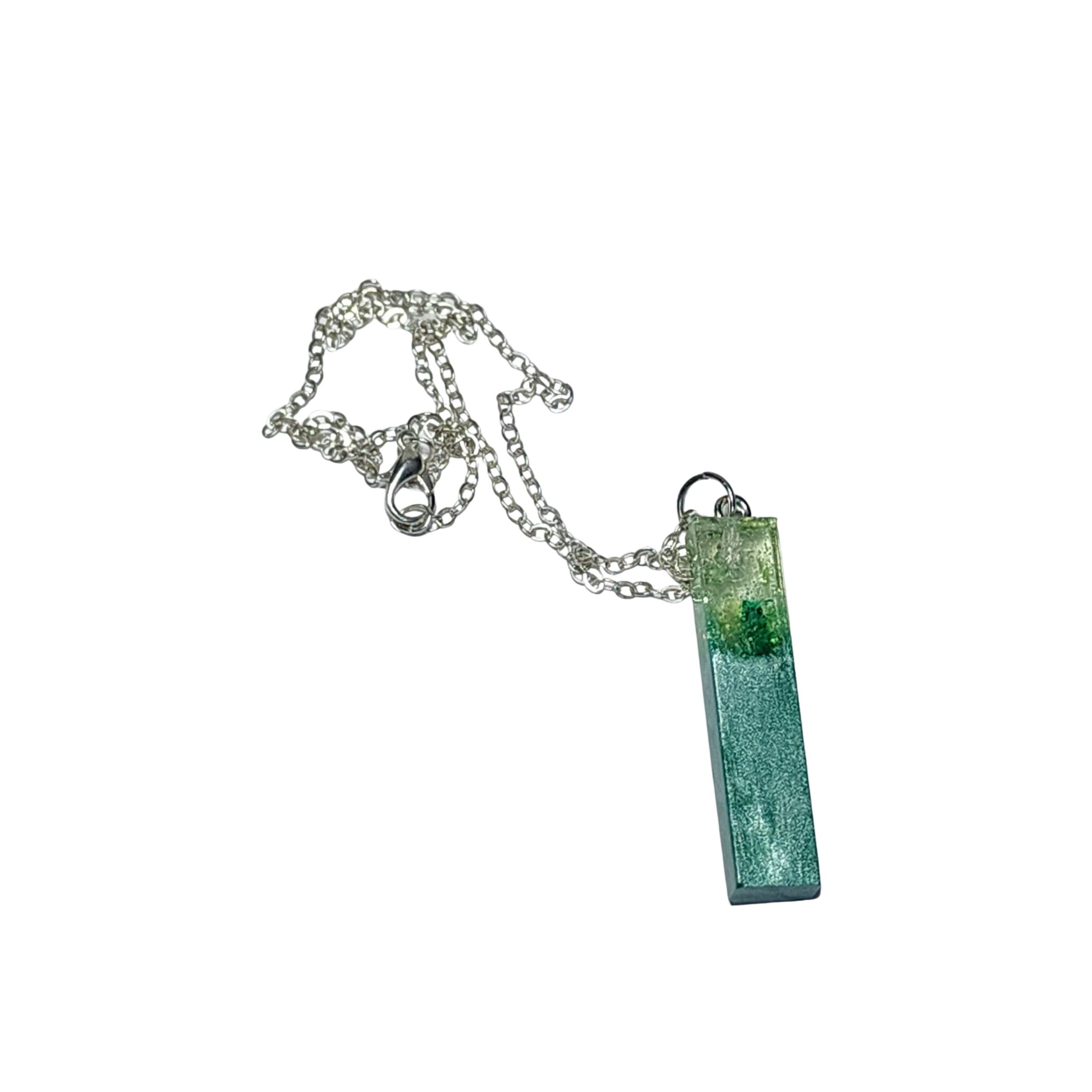 Ombre Green Resin Bar Pendant Necklace with Silver Chain, Handcrafted Crystal Style