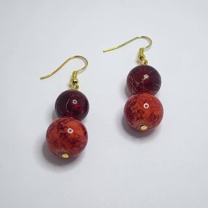 Handcrafted Red Glass Bead Dangle Earrings, Burgundy and Orange Marbled Design, Gold-Tone Hooks
