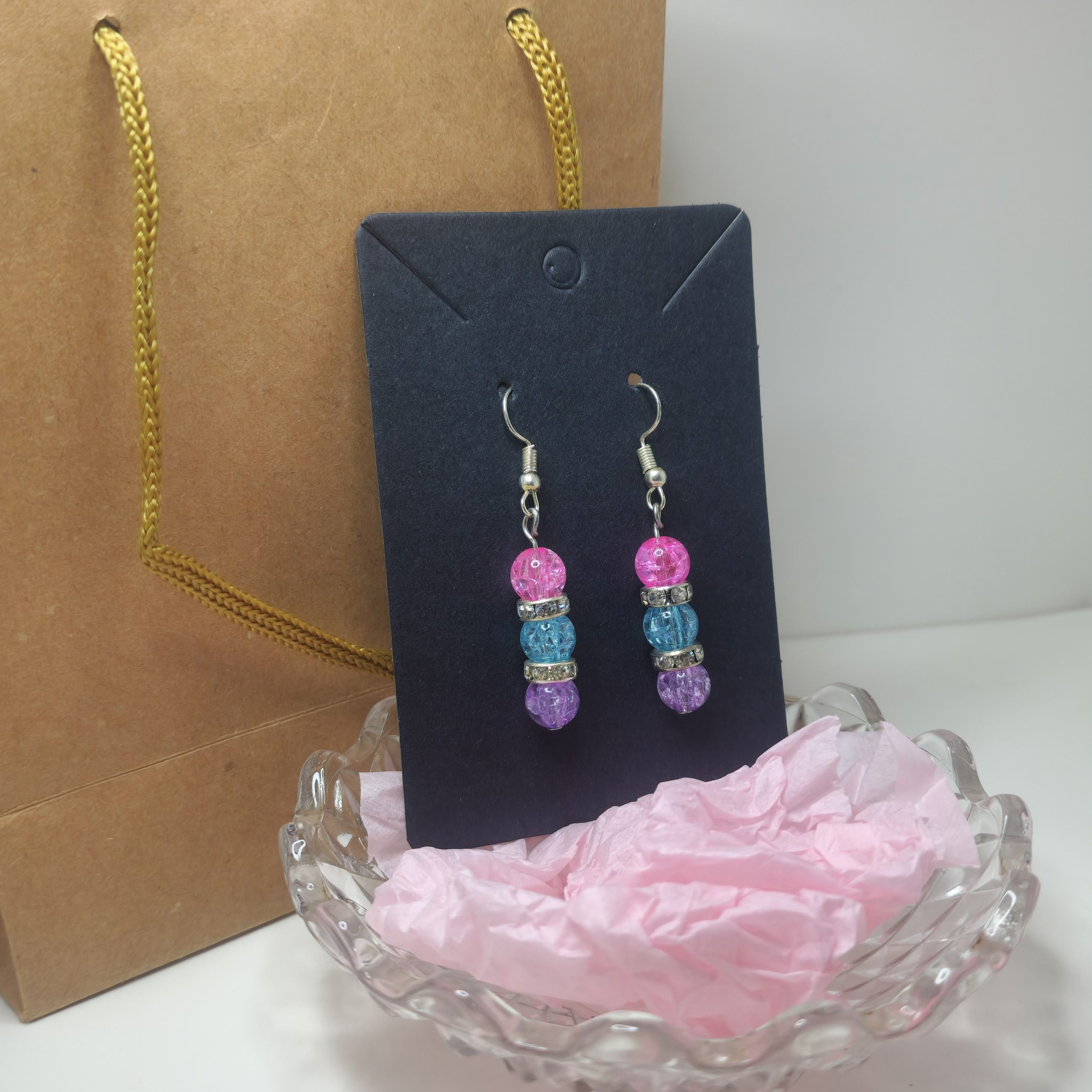 Crystal Dangle Earrings, Pink Blue Purple Triple Drop