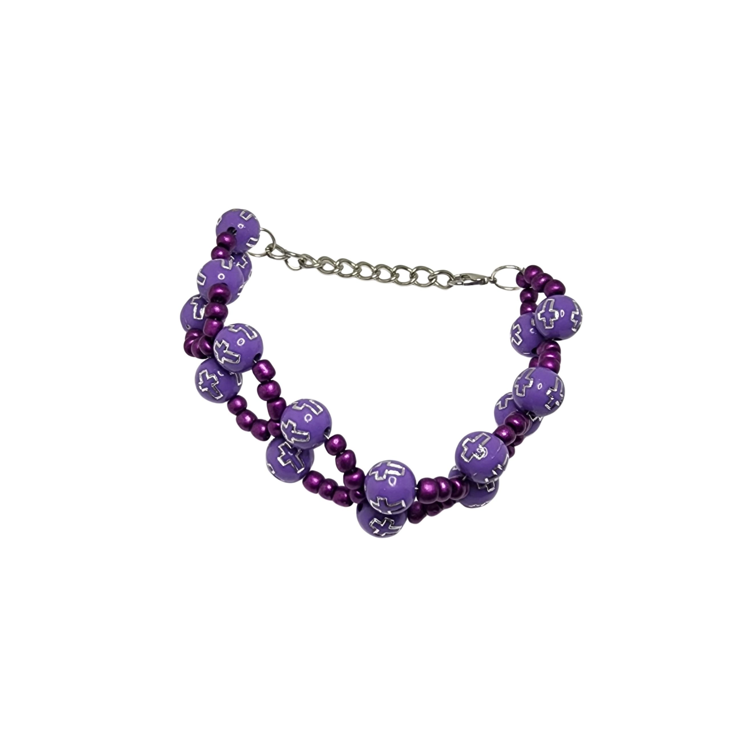 Handcrafted Purple Beaded Bracelet with Decorative Pattern, Metallic Chain Clasp