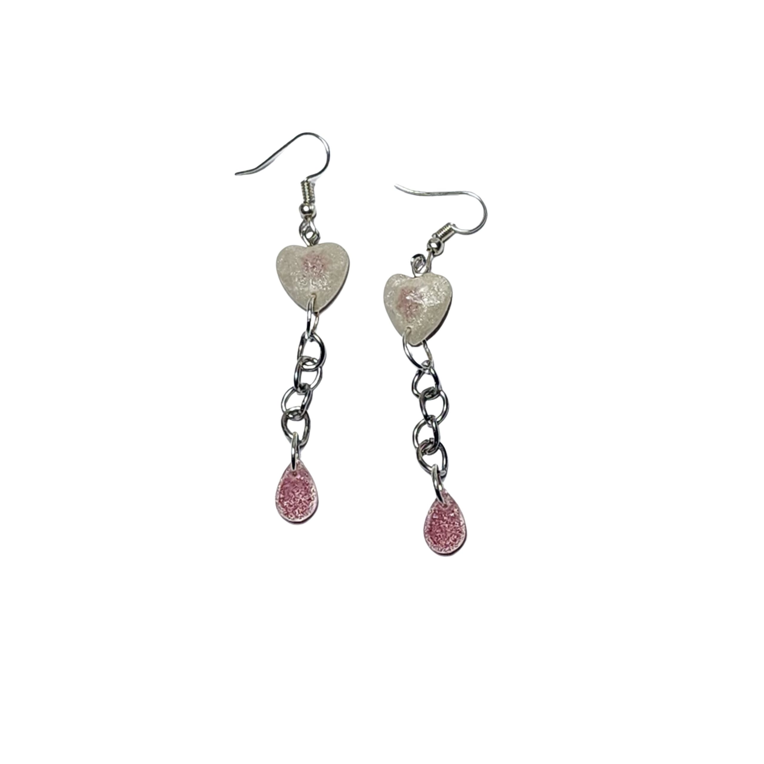 Heart and Teardrop Chain Dangle Earrings, Silver-Tone, Pink Glitter Accents