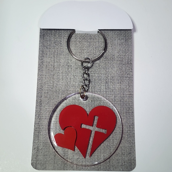 Heart Cross Keychain, Red and White Acrylic Design, Christian Faith Accessory
