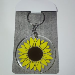 Sunflower Acrylic Keychain, Clear Round Design, Yellow and Brown Floral Pattern