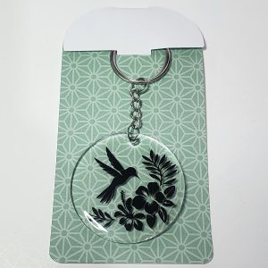 Decorative Hummingbird Floral Keyring, Round Metal Design, Black and White