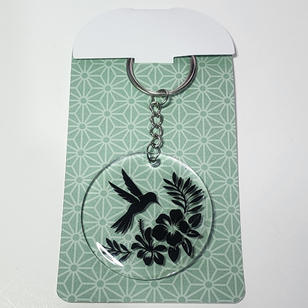 Decorative Hummingbird Floral Keyring, Round Metal Design, Black and White