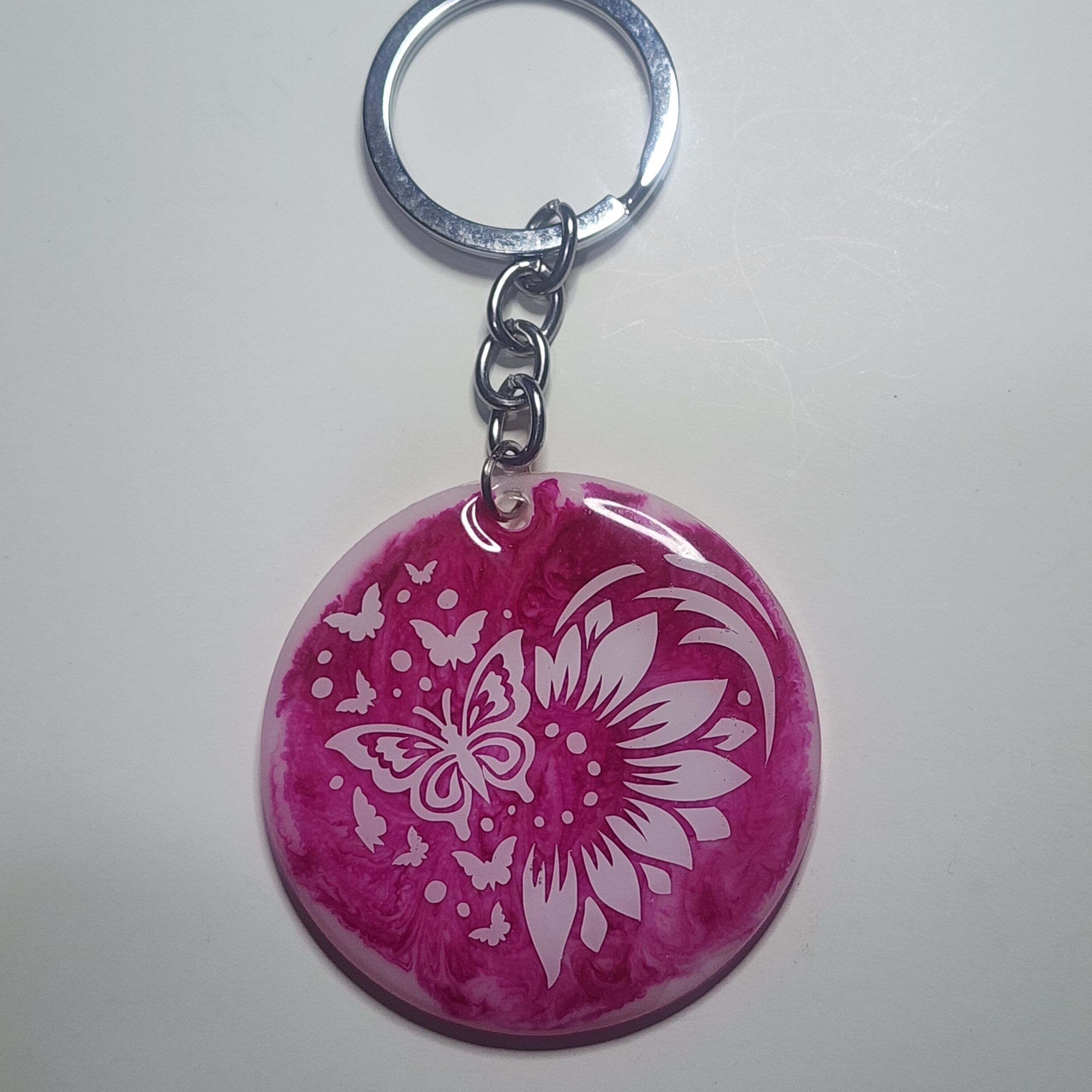 Decorative Butterfly Keyring, Pink Resin with White Floral Design, Round