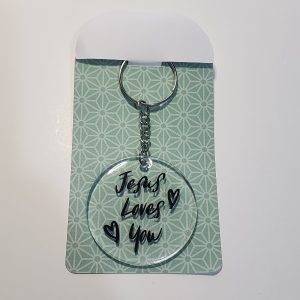 Keychain with 'Jesus Loves You' Message, Round Pendant, Metal Chain