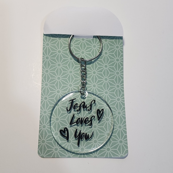 Keychain with 'Jesus Loves You' Message, Round Pendant, Metal Chain