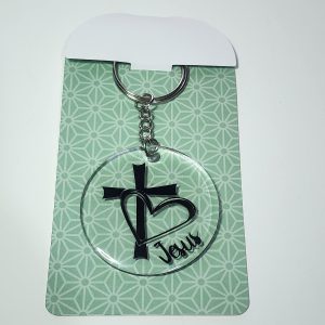 Heart and Cross Keyring, Silver and White, 5 cm Round Design, Metal Chain