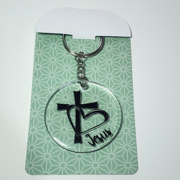 Heart and Cross Keyring, Silver and White, 5 cm Round Design, Metal Chain