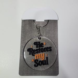 Inspirational 'He Restores My Soul' Round Acrylic Keychain, Religious Quote Design, White