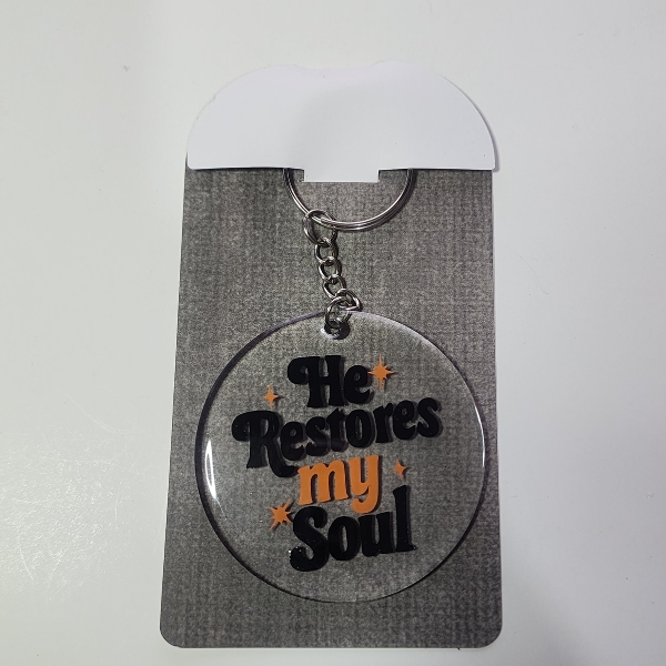Inspirational 'He Restores My Soul' Round Acrylic Keychain, Religious Quote Design, White