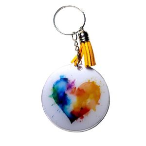 Keychain with Rainbow Watercolor Heart Design, Round Disc with Tassel Charm, Silver Metal Ring