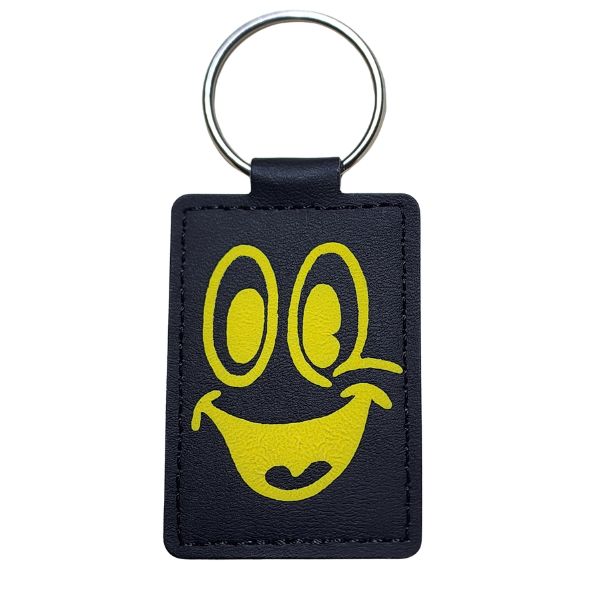 Smiley Face Key Ring Faux Leather Black + Yellow