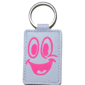 Smiley Face Key Ring Faux Leather White + Pink