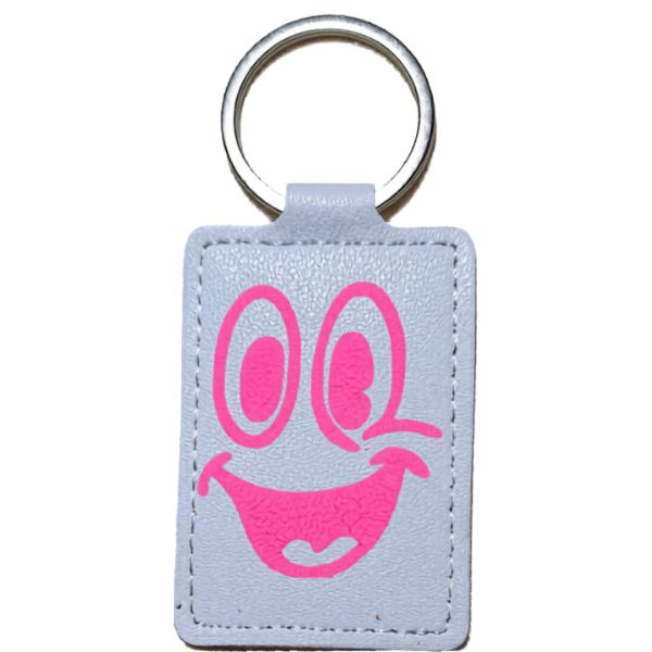 Smiley Face Key Ring Faux Leather White + Pink