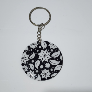Handmade Round Floral Keyring, Black and White, Decorative Flower Pattern Key Chain