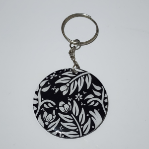 Handmade Round Floral Keyring, Black and White, Resin, Polished Finish, Contemporary Decorative Design