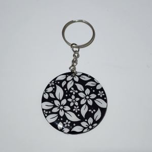 Floral Design Keyring, Black and White, Round, Decorative Flower Pattern