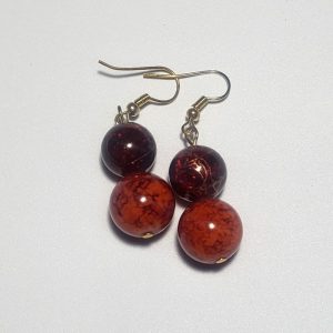 Handcrafted Red Glass Bead Dangle EarringsBurgundy and Orange Marbled Design,Gold-Tone Hooks