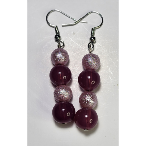 Purple Dangle Earrings, Beaded Drop Style with Glitter and Smooth Round Beads, Silver-Tone Hooks