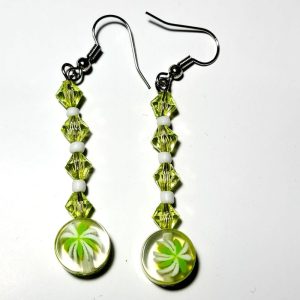 Green Dangle Earrings with Crystal Beads, Palm Tree Charm, Drop Style