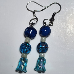 Handmade Blue Dangle Earrings, Beaded with Floral Glass Charm, Boho Style Drop Earring