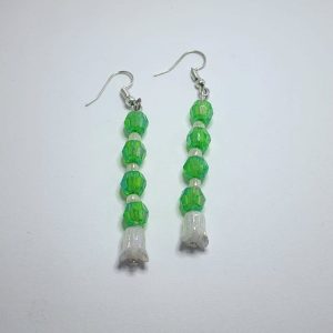 Lily of the Valley Beaded Dangle Earrings, Green Faceted Beads with Iridescent Flower Bell Charms