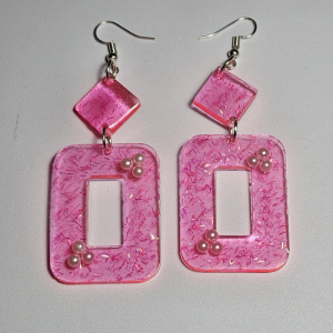 Pink Sqaure Earrings with Silver Glitter