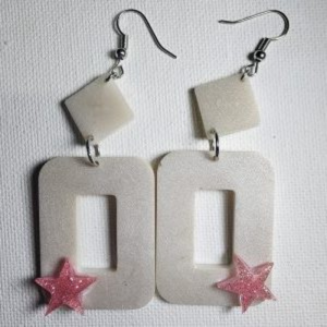 White Square Earrings with Pink Stars