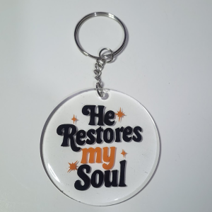 Inspirational 'He Restores My Soul' Round Acrylic Keychain, Religious Quote Design, White