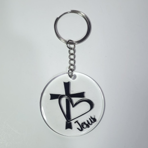Heart and Cross Keyring, Silver and White, 5 cm Round Design, Metal Chain