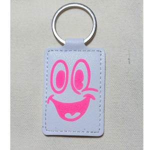 Smiley Face Key Ring Faux Leather White + Pink
