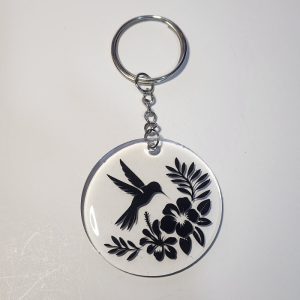 Decorative Hummingbird Floral Keyring, Round Metal Design, Black and White