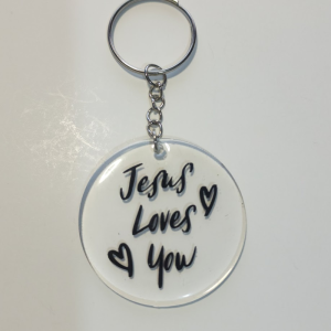 Keychain with 'Jesus Loves You' Message, Round Pendant, Metal Chain
