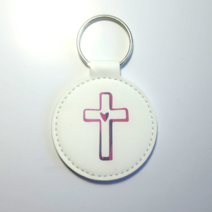White Keyring with Cross and Heart
