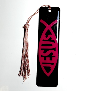Jesus Fish Symbol Bookmark, Black and Pink, with Decorative Tassel, Christian Theme