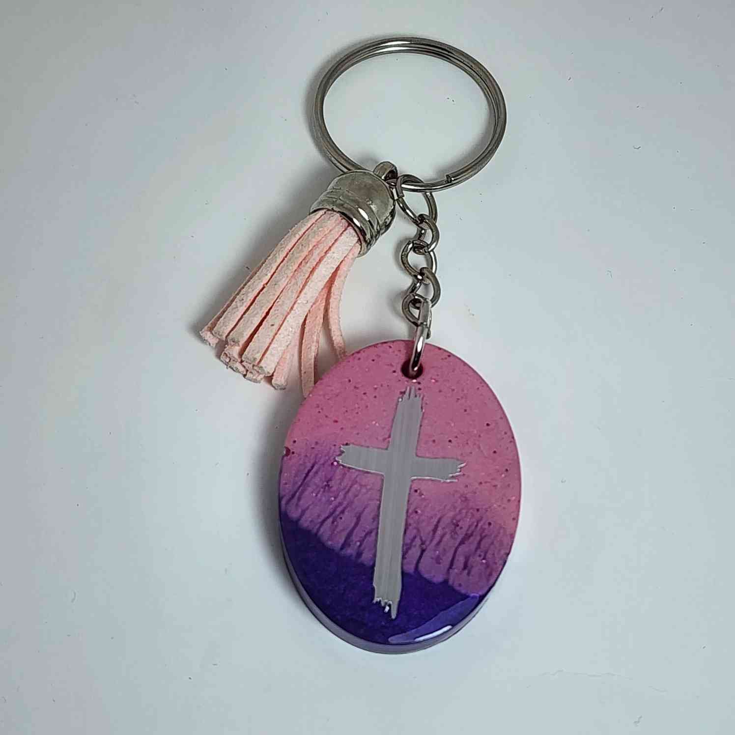 ​Handmade Resin Cross Keyring – Pink and Purple Ombre Glitter Keychain with Tassel Accessory